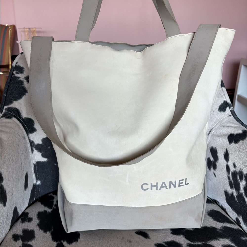 CHANEL Sports Line Cream & Gray Zip Top Tote